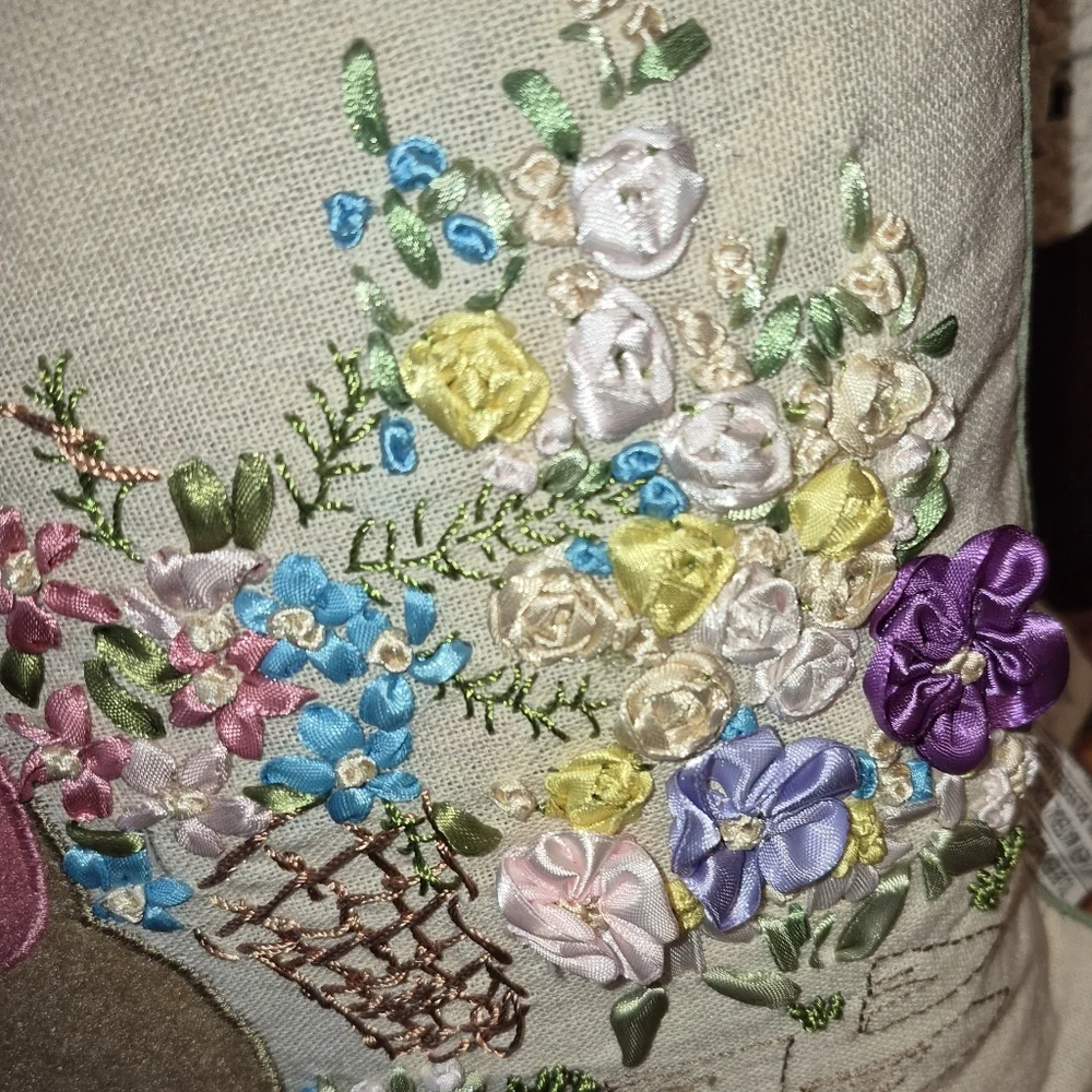 Set of 2 EASTER PILLOWS, 3D BUNNY W/ SEWN ON FLOWERS & BEADED CARROTS PILLOW